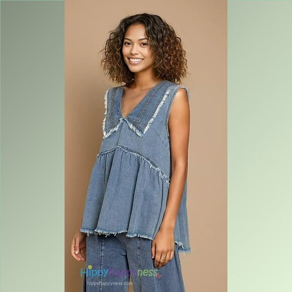POL Top Denim Babydoll Sleeveless Tank Plus Size Raw Edge Distressed 1X,2X,3X - Picture 4 of 5